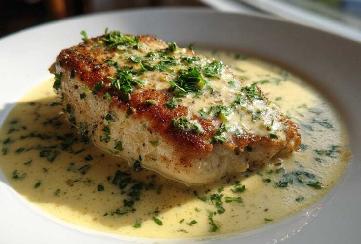 A golden-brown seared chicken breast swimming in a rich, creamy lemon sauce, garnished with fresh parsley.