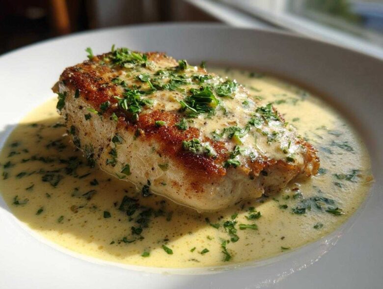 A golden-brown seared chicken breast swimming in a rich, creamy lemon sauce, garnished with fresh parsley.