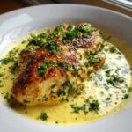 Close-up of seared chicken breast smothered in a rich, yellow creamy lemon chicken sauce and topped with fresh parsley.