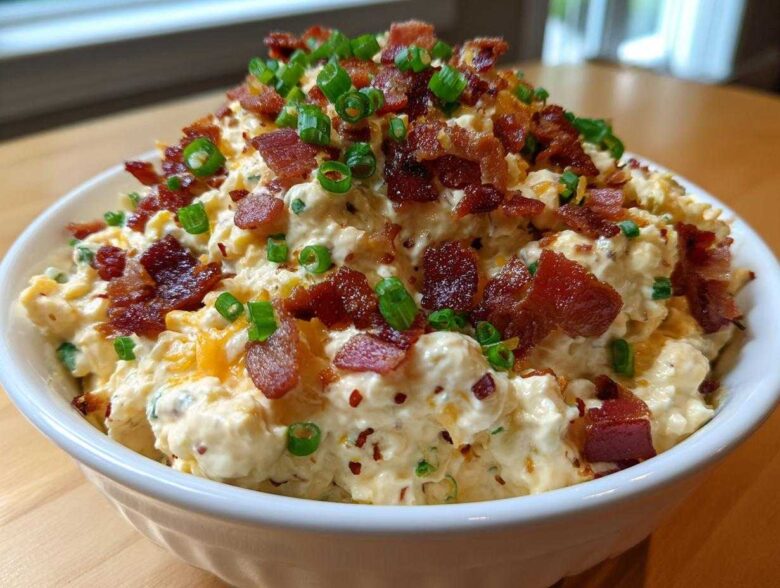 A bowl overflowing with creamy Million Dollar Dip, generously topped with crispy bacon pieces and fresh green onions.