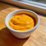 A small white ramekin filled with thick, bright orange nacho cheese sauce, sitting on a wooden surface.