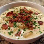 A close-up of a bowl of creamy potato soup recipe garnished generously with crispy bacon bits and fresh green chives.