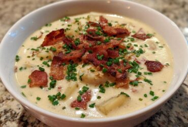 A close-up of a bowl of creamy potato soup recipe garnished generously with crispy bacon bits and fresh green chives.
