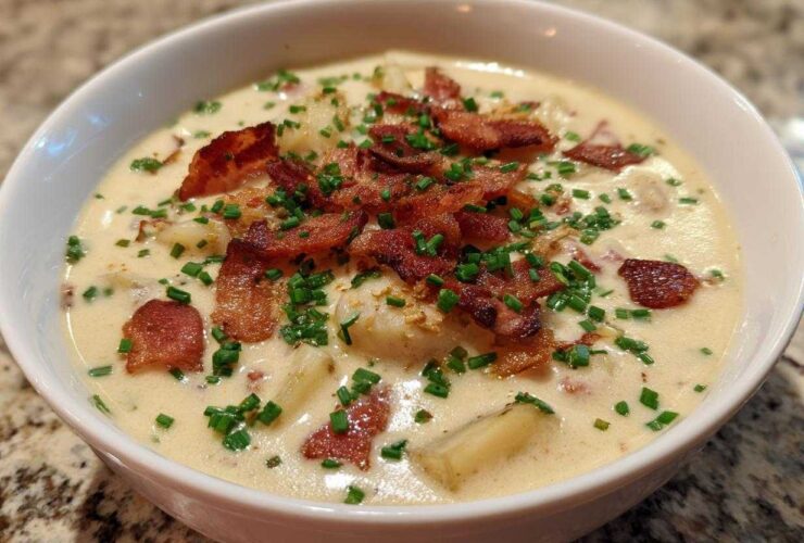 A close-up of a bowl of creamy potato soup recipe garnished generously with crispy bacon bits and fresh green chives.