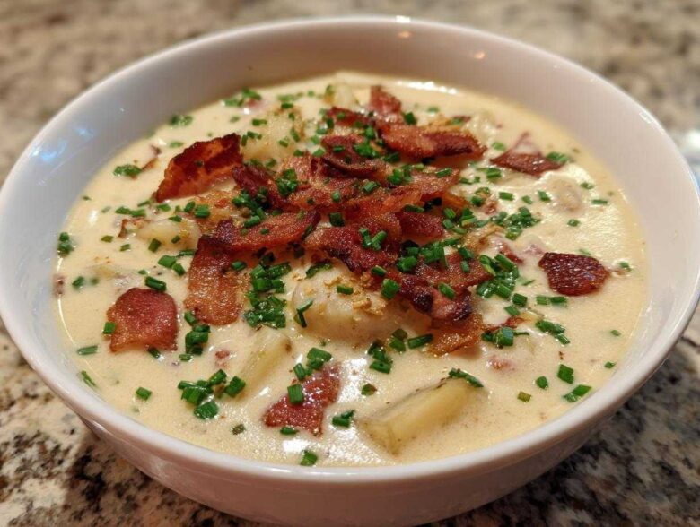 A close-up of a bowl of creamy potato soup recipe garnished generously with crispy bacon bits and fresh green chives.