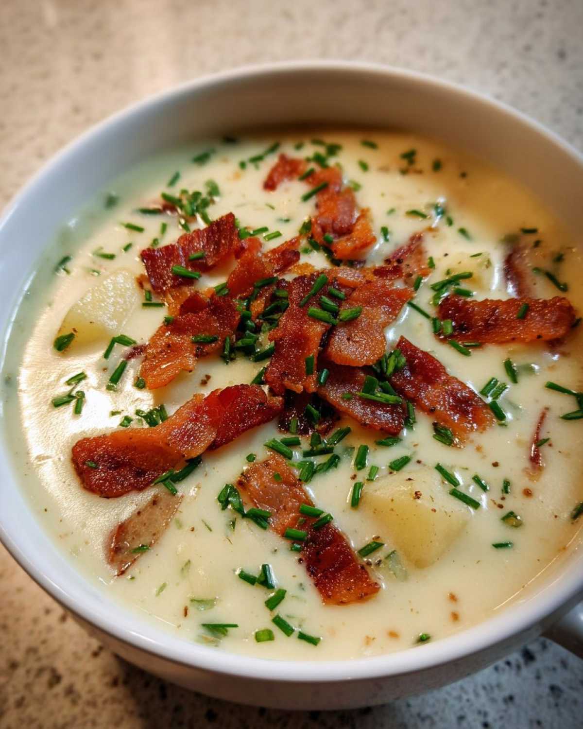 Close-up of a bowl of creamy potato soup recipe, garnished generously with crispy bacon pieces and fresh chopped chives.