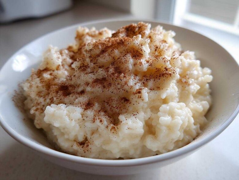 Close-up of a bowl of creamy rice pudding generously sprinkled with ground cinnamon.