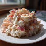 A mound of creamy seafood salad featuring shrimp and imitation crab, brightly lit on a white plate.