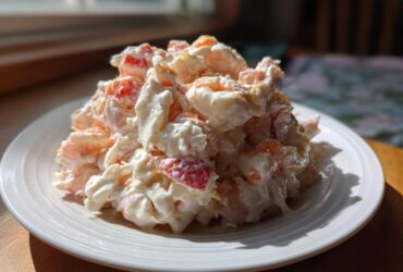A mound of creamy seafood salad featuring shrimp and imitation crab, brightly lit on a white plate.