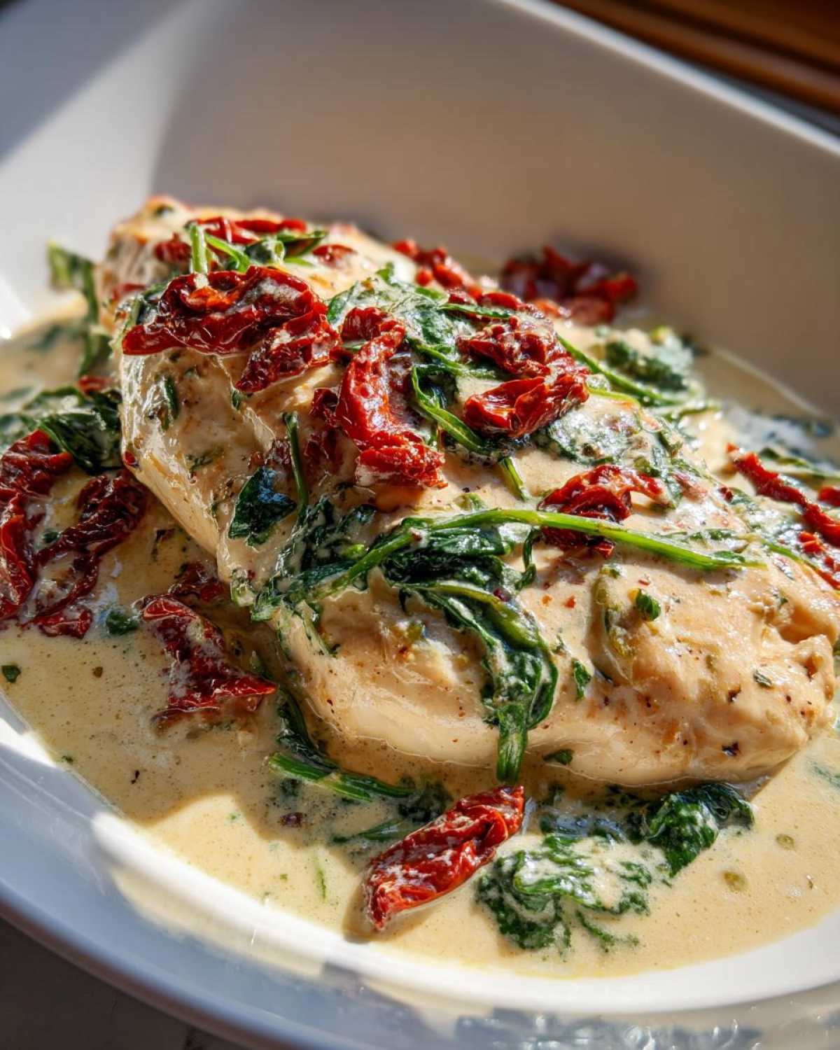 A close-up of creamy Tuscan chicken breast smothered in a rich cream sauce with spinach and sun-dried tomatoes.