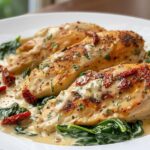 Three seared chicken breasts smothered in a creamy Tuscan sauce with spinach and sun-dried tomatoes: Creamy Tuscan Chicken.