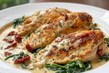 Three seared chicken breasts smothered in a creamy Tuscan sauce with spinach and sun-dried tomatoes: Creamy Tuscan Chicken.