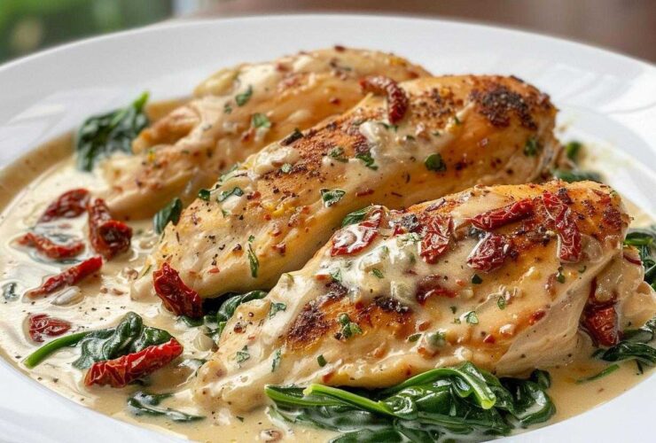 Three seared chicken breasts smothered in a creamy Tuscan sauce with spinach and sun-dried tomatoes: Creamy Tuscan Chicken.