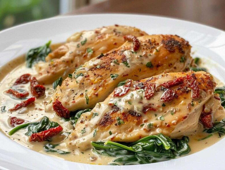 Three seared chicken breasts smothered in a creamy Tuscan sauce with spinach and sun-dried tomatoes: Creamy Tuscan Chicken.
