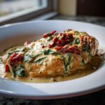A close-up of creamy Tuscan chicken breast smothered in a rich, creamy sauce with spinach and sun-dried tomatoes.