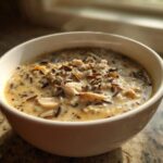Close-up of a steaming bowl of creamy chicken and wild rice soup, featuring visible wild rice grains and shredded chicken.