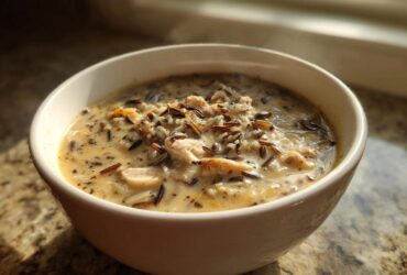 Close-up of a steaming bowl of creamy chicken and wild rice soup, featuring visible wild rice grains and shredded chicken.