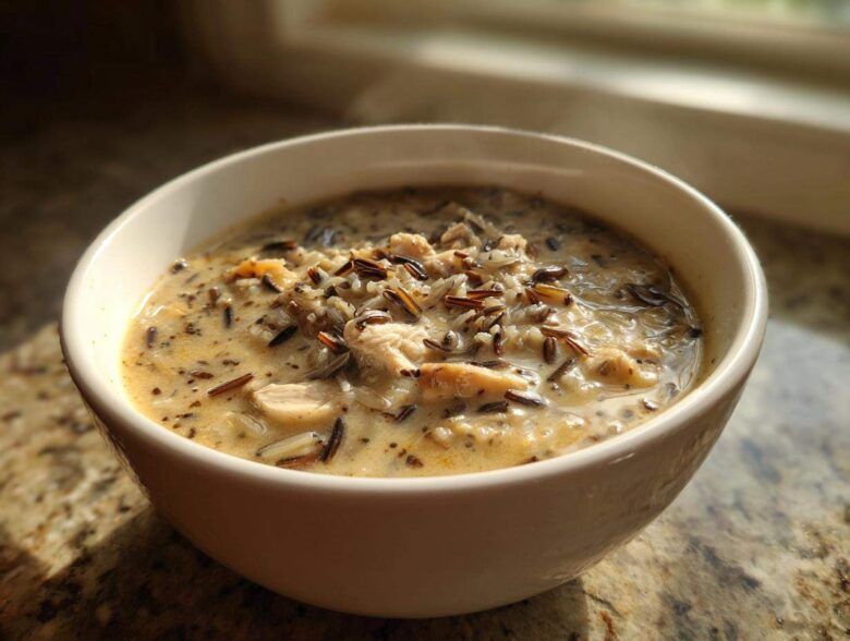 Close-up of a steaming bowl of creamy chicken and wild rice soup, featuring visible wild rice grains and shredded chicken.