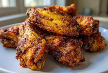 Close-up of perfectly seasoned and crispy air fryer chicken wings piled high on a white plate.