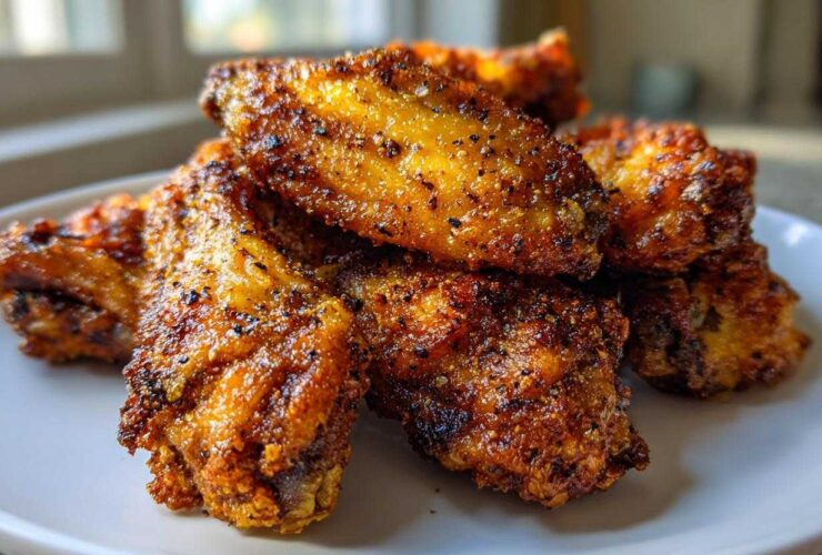 Close-up of perfectly seasoned and crispy air fryer chicken wings piled high on a white plate.