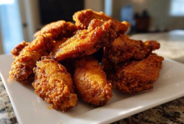 A pile of golden brown, crispy baked chicken wings stacked on a rectangular white plate.