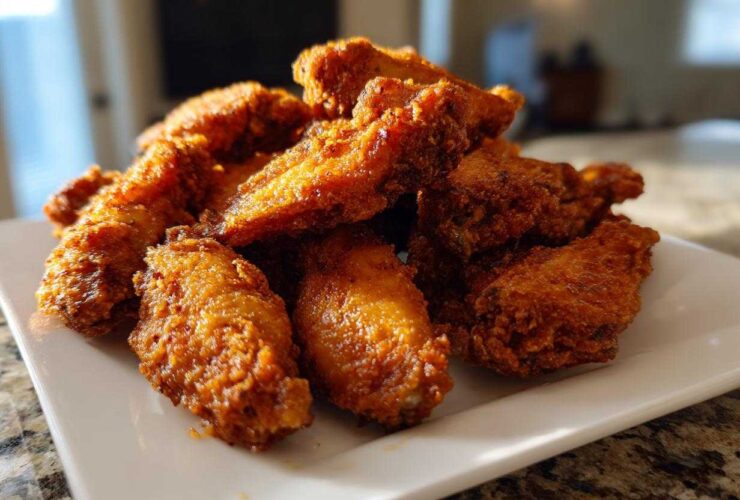 A pile of golden brown, crispy baked chicken wings stacked on a rectangular white plate.