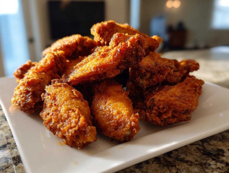 A pile of golden brown, crispy baked chicken wings stacked on a rectangular white plate.