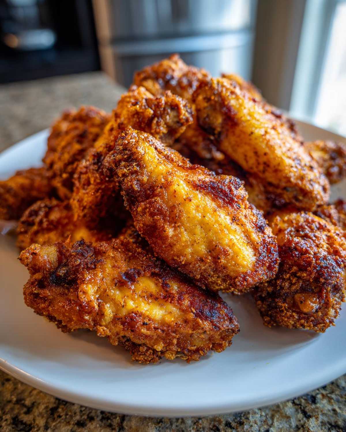 A close-up of a mound of golden brown, crispy baked chicken wings piled high on a white plate.