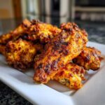 A close-up of several perfectly seasoned and crispy baked chicken wings piled on a white rectangular plate.
