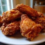 A close-up of a pile of golden brown, crispy baked chicken wings served on a white plate.