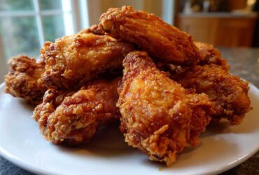 A close-up of a pile of golden brown, crispy baked chicken wings served on a white plate.