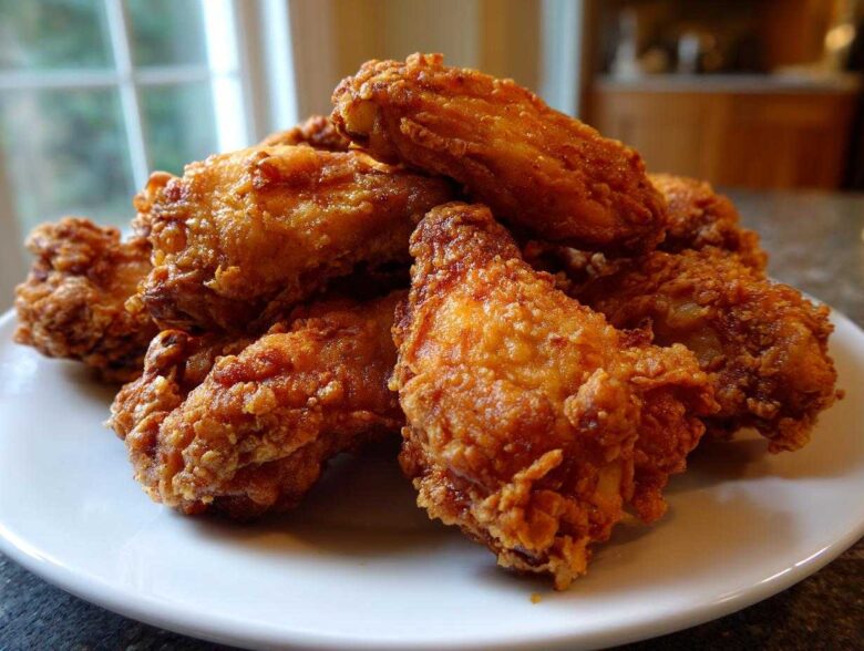 A close-up of a pile of golden brown, crispy baked chicken wings served on a white plate.