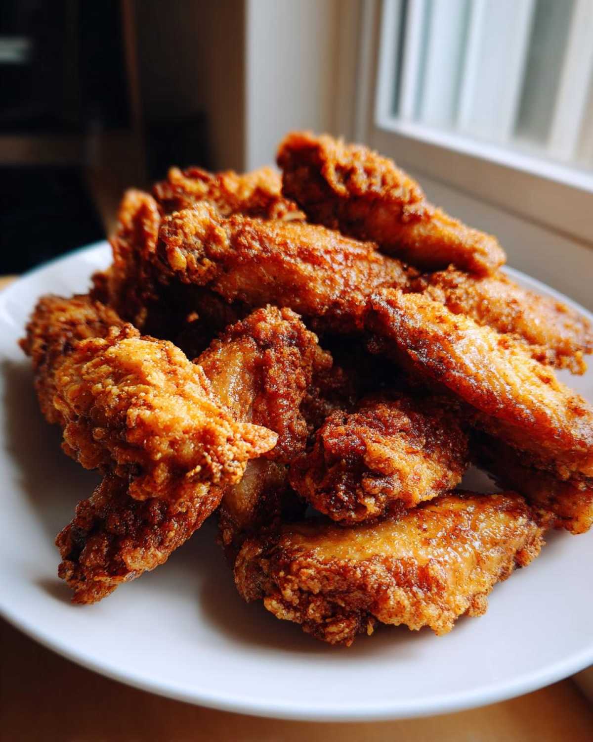 A close-up of a pile of golden-brown, crispy baked chicken wings served on a white plate.