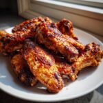 A pile of golden-brown, crispy baked chicken wings seasoned with spices, resting on a white plate.