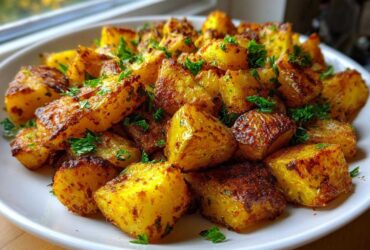 A plate piled high with golden brown, crispy breakfast potatoes garnished with fresh parsley.