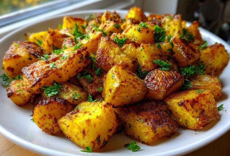 A plate piled high with golden brown, crispy breakfast potatoes garnished with fresh parsley.