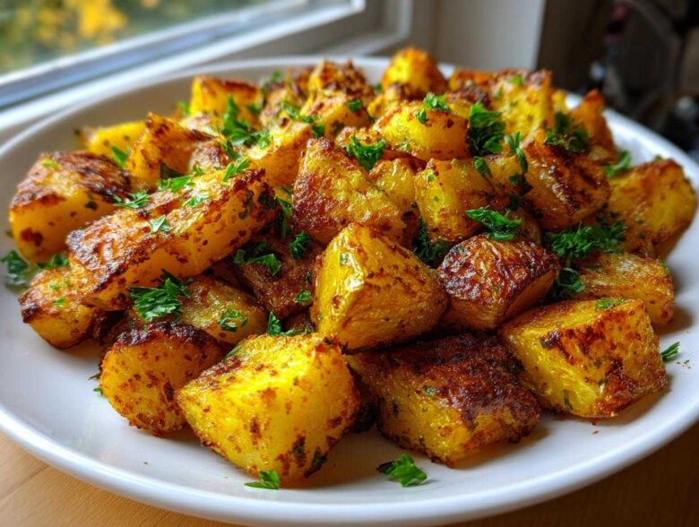 A plate piled high with golden brown, crispy breakfast potatoes garnished with fresh parsley.