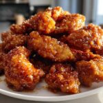 A mound of crispy, glazed orange chicken pieces sprinkled with sesame seeds on a white plate.