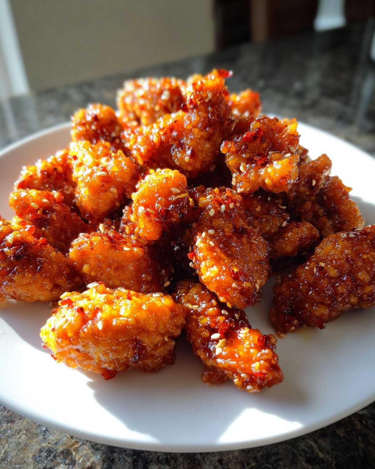 A pile of crispy, glazed orange chicken recipe pieces garnished with sesame seeds and chili flakes on a white plate.