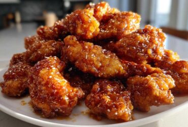 A mound of crispy, glazed orange chicken pieces sprinkled with sesame seeds on a white plate.