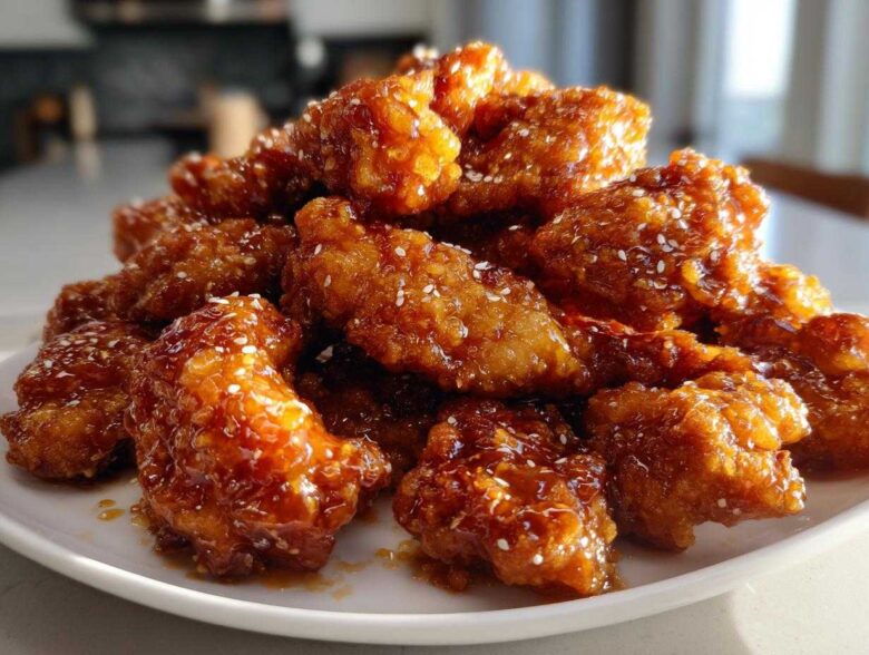 A mound of crispy, glazed orange chicken pieces sprinkled with sesame seeds on a white plate.