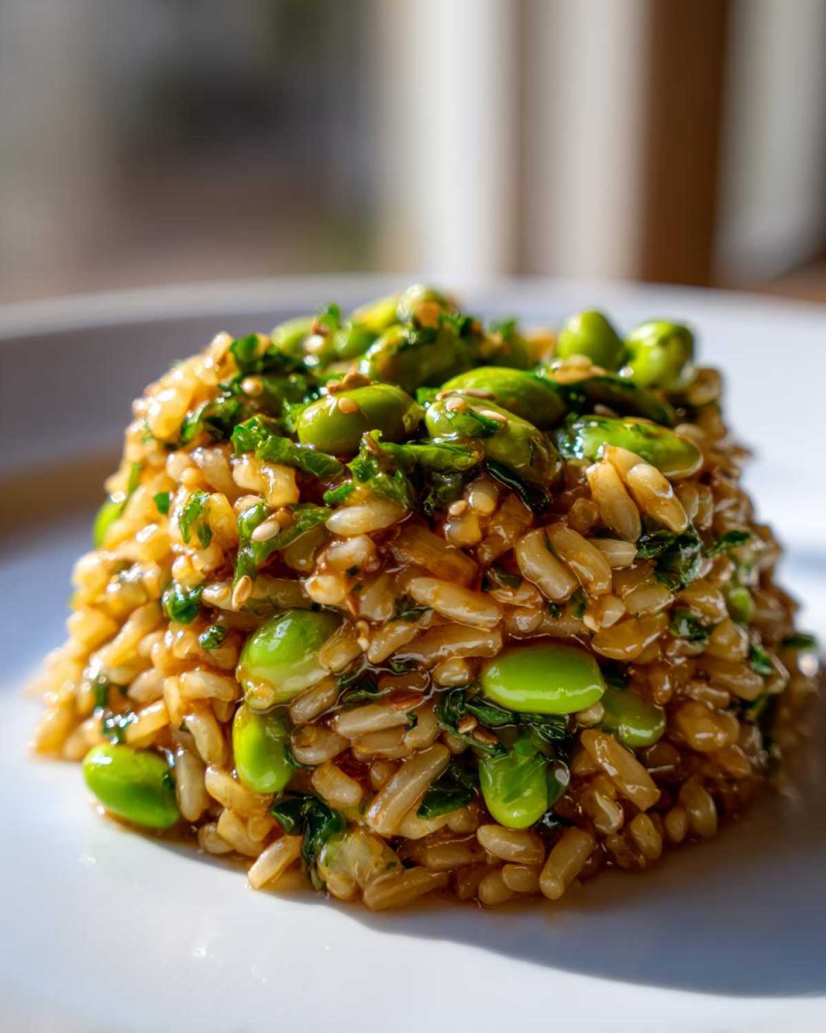 A mound of glossy, brown rice mixed with bright green edamame and herbs, representing a crispy rice salad.