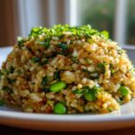 A mound of golden brown crispy rice salad mixed with bright green herbs and edamame beans on a white plate.
