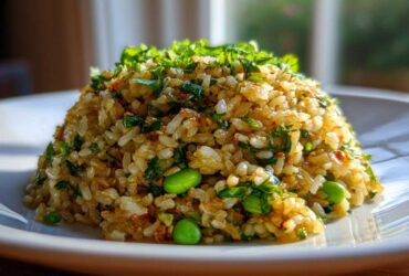 A mound of golden brown crispy rice salad mixed with bright green herbs and edamame beans on a white plate.