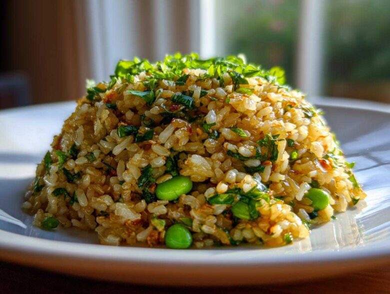 A mound of golden brown crispy rice salad mixed with bright green herbs and edamame beans on a white plate.