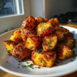 A close-up of golden brown, crispy breakfast potatoes seasoned with spices and fresh parsley.