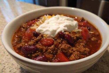 A close-up of a white bowl filled with rich crockpot chili, topped with sour cream and shredded cheese.