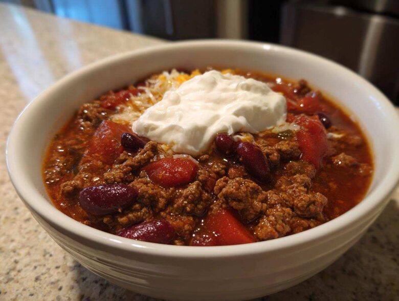 A close-up of a white bowl filled with rich crockpot chili, topped with sour cream and shredded cheese.