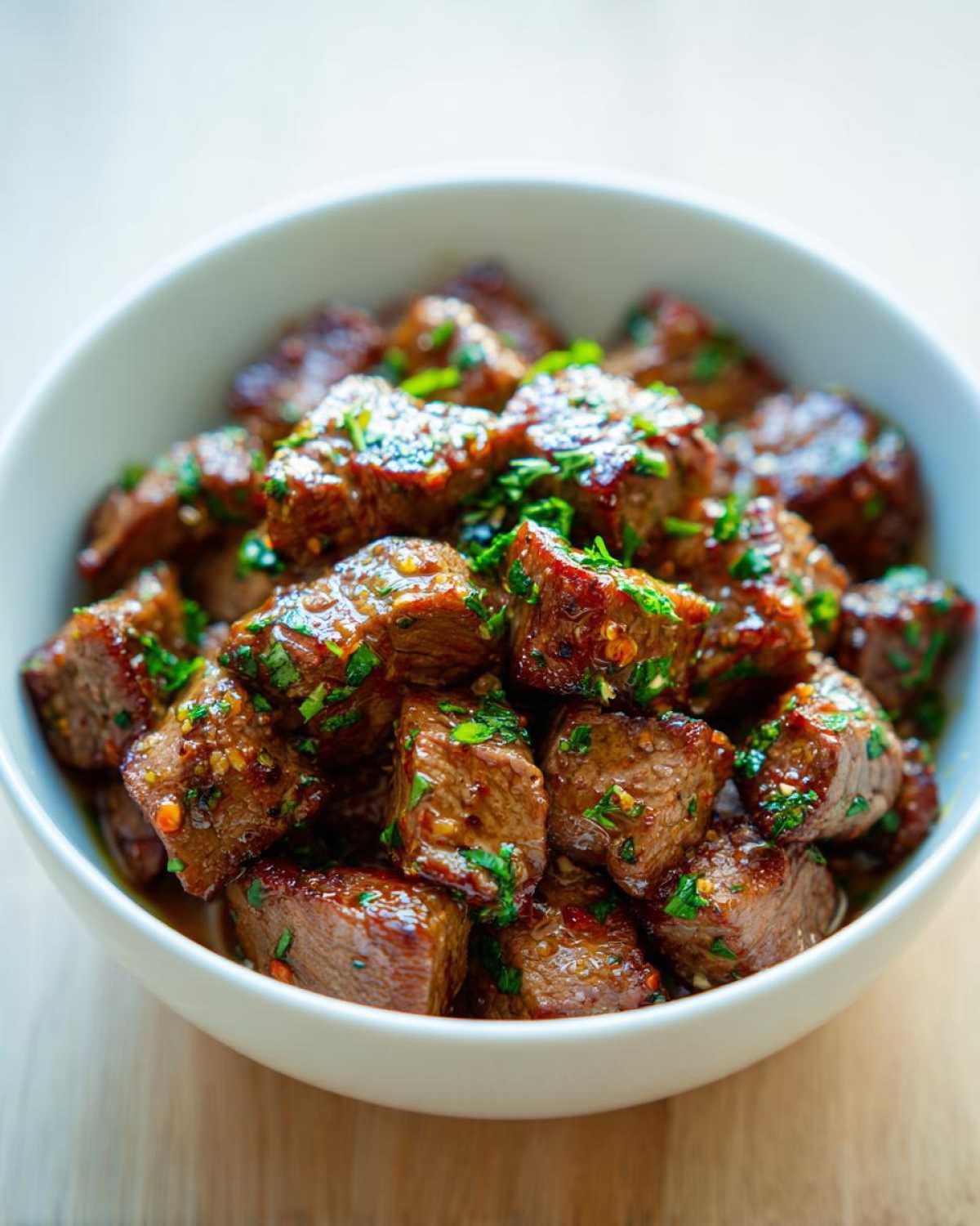 Close-up of tender crockpot steak bites coated in sauce and sprinkled with fresh green herbs.