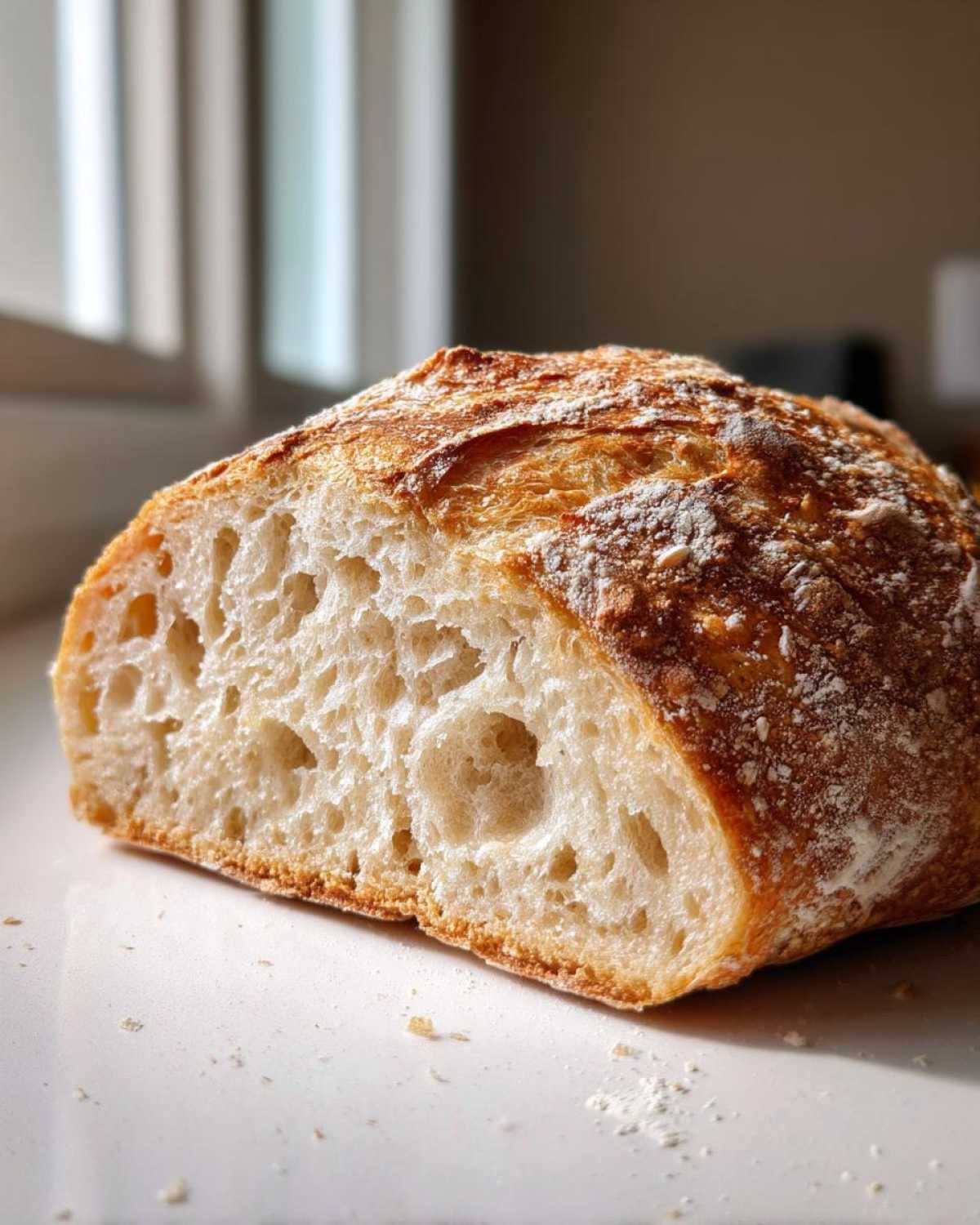 Close-up of the open crumb structure of a crusty Italian bread loaf, showing large air pockets.